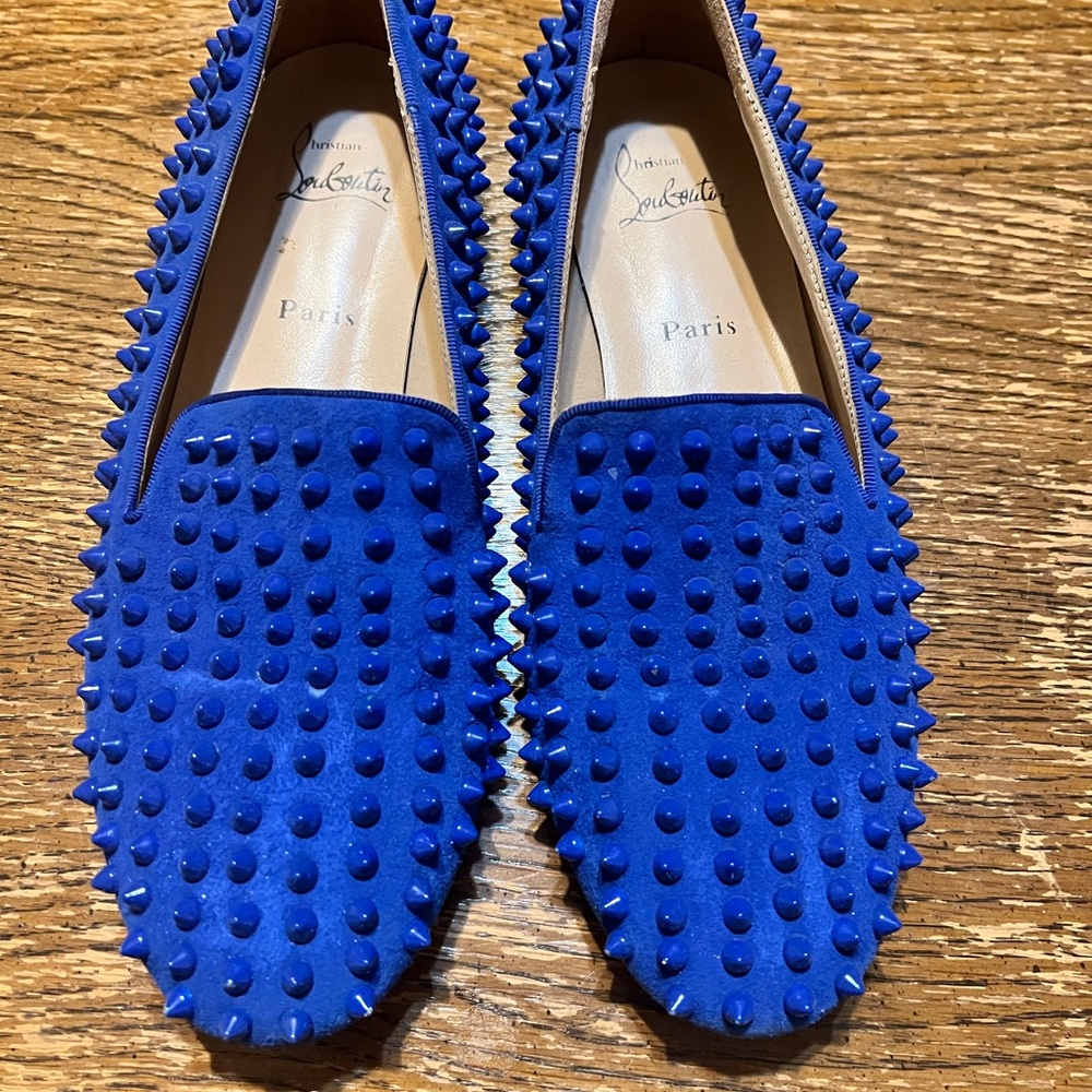 Christian LV Red Bottom Flats- Royal Blue with spikes all over